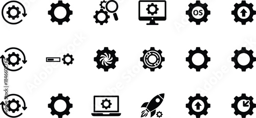 Gear icons, cogwheel symbols, system settings, software tools, technology interface, diagnostics, update arrows, OS management, deployment, configuration, UI design