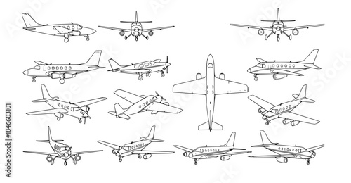 Comprehensive Set of Outline Aircraft Illustrations Showcasing Diverse Aviation Vehicles from Various Perspectives