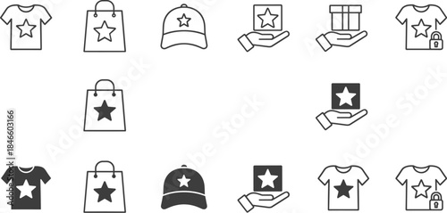 Merchandise icons, star branding, ecommerce visuals, t-shirt graphics, shopping bag symbols, gift box illustration, retail design, blue outline icons