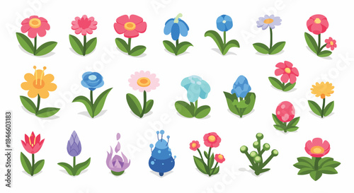 Charming isometric stylized cartoon flowers plants vector game assets Blossom Nature Garden Flora Spring Colorful Set