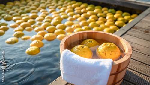 日本の温泉で湯船一面に浮かぶ柚子と手前の木桶に入ったタオルと果実