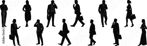 Business professionals silhouette collection showing corporate poses, walking actions and communication gestures for modern workplace concepts, branding projects, vector illustration