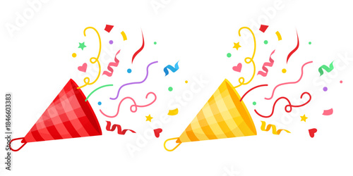 Vector cartoon image of a festive party popper with confetti. Concept for birthdays, Christmas, New Years, and other celebrations. Element for your design.