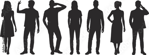 Diverse male and female silhouettes featuring casual standing poses, expressive gestures and modern lifestyle characters ideal for creative projects, graphics and vector design