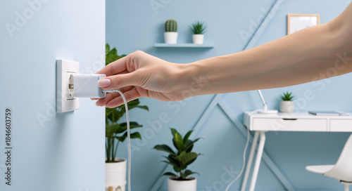 A woman's hand plugging a white charger into an electrical wall socket. Connecting a device to a power supply for charging. Energy and electricity consumption concept