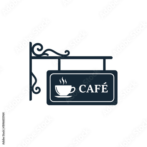 Minimalist coffee shop sign with decorative mount and steaming cup icon representing caf? service