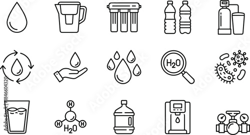 Water purification icons, filtration and hydration vector set, H₂O, bacteria, droplets, dispenser, cl