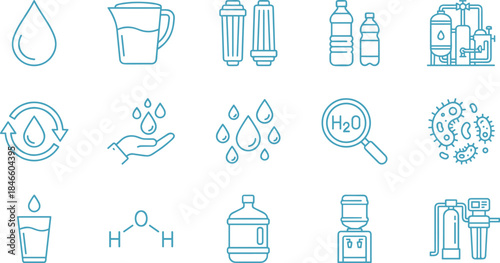 Water purification icons, hydration and filtration vector set, H₂O, droplets, bacteria, bottles, cooler, clean water, blue line style