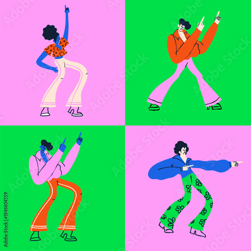 A vibrant and energetic set of vector illustrations featuring groovy disco dancers rocking colorful bell-bottoms and vintage fashion in classic poses.