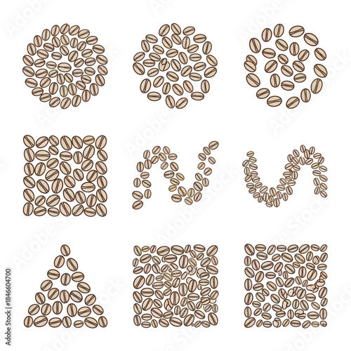 Creative coffee bean arrangement spelling out the word love with decorative shapes