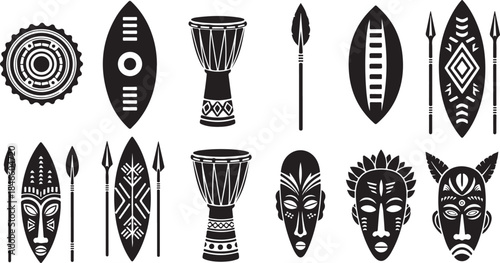 African tribal masks and weapons in black and white