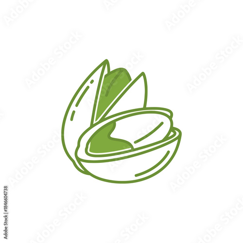Minimalist Illustration of a Pistachio Nut with Two Green Shells and a Kernel