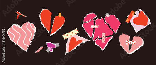 A trendy and colorful vector set featuring stylized hearts and expressive hands showcasing affection, peace, and quirky love gestures, perfect for Valentine's Day