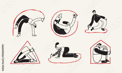 A trendy vector set featuring stylized people in dynamic poses actively drawing lines and shapes with pens and pencils, perfect for art creative workshop promotion, and abstract design concepts.