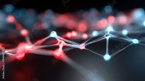 Detailed view of neural network structure showcasing interconnected nodes in red and blue hues, symbolizing advanced technology and innovation
