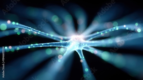 Neural network with branching connections and glowing particles creates mesmerizing visual effect, showcasing complexity of artificial