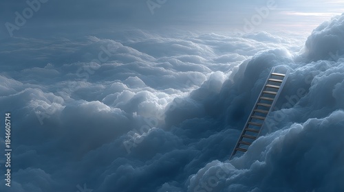 Floating ladder ascends through soft clouds, creating surreal and dreamlike atmosphere. scene evokes sense of wonder and exploration