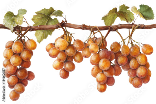 Beautifully rendered watercolor illustration of amber grapes hanging from a vine with green leaves on transparent background