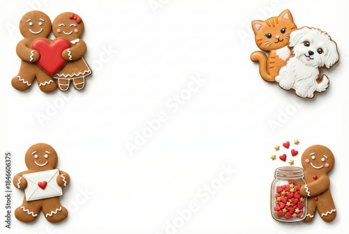 Gingerbread frame with couples, pets, love letter and mason jar for Valentine's Day and holidays. Christmas cookies with dog, cat and hearts on white background.