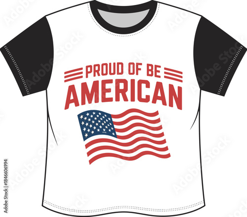 Proud of be American t-shirt design with USA flag, patriotic typography, independence theme apparel illustration for national pride clothing