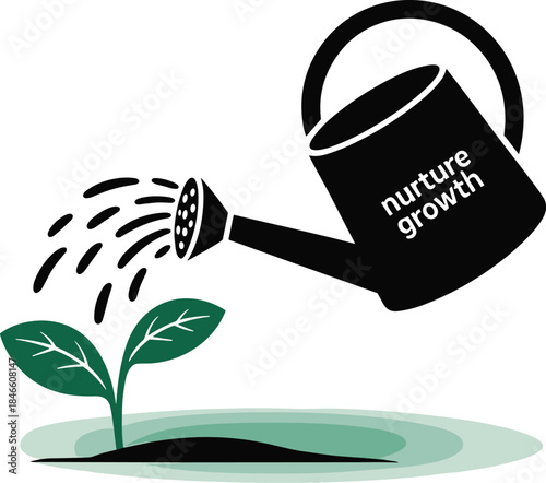 Nurture Growth Vector with Watering Can and Plant. Motivational Illustration of Care and Development Concept.