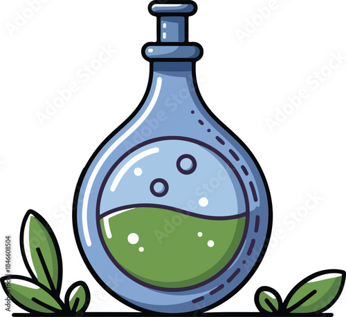 Magic potion bottle elixir with green liquid vector.