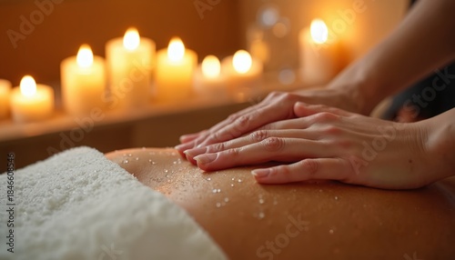 Wallpaper Mural Hands apply body scrub with sea salt on back. Gentle exfoliation with warm candle light. Relaxing spa treatment for skin wellbeing. Peaceful body care. Torontodigital.ca
