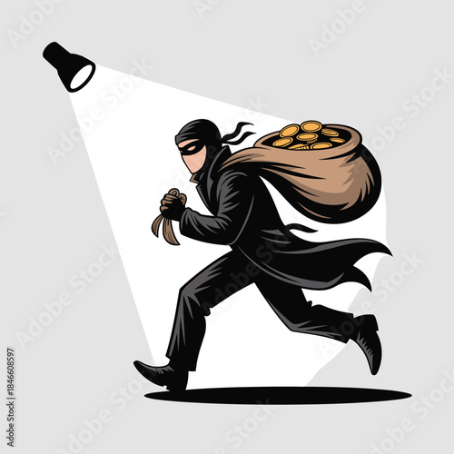 Cartoon Thief Running Under Spotlight with Gold Coins. Stylized Robbery Escape Vector Illustration in Motion.