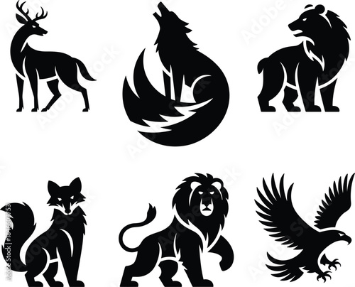 Wild Animal Silhouette Vector Set for Nature Themes. Stylized Wildlife Icons Featuring Deer, Wolf, Lion, and More.