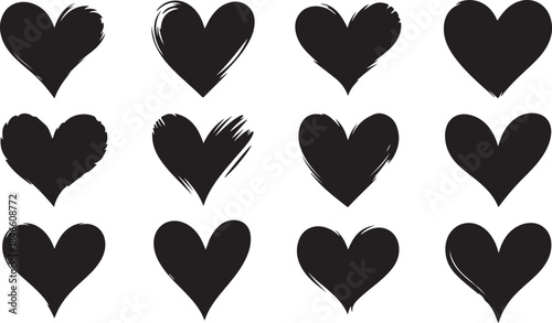 Twelve rough black heart shapes with a distressed grungy texture on a white background