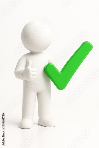 3D White Character Holding Green Check Mark and Thumbs Up, Approval Concept