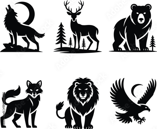 Wild Animal Silhouette Vector Set for Nature Themes. Stylized Wildlife Icons Featuring Wolf, Deer, Bear, and More.