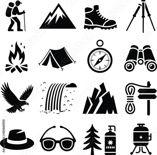 Camping and Hiking Silhouette Icon Set Vector. Outdoor Adventure Gear and Nature Symbol Collection.
