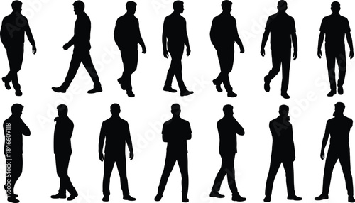 Male walking and standing silhouettes displaying casual posture, movement gestures and everyday actions for lifestyle projects, graphic design and modern vector illustration