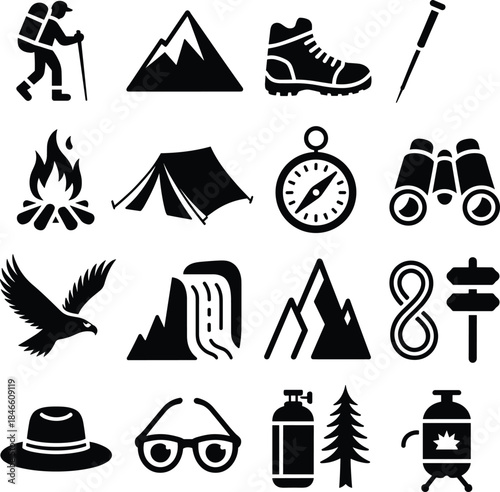 Hiking and Camping Silhouette Icon Set Vector. Outdoor Adventure Gear and Nature Symbol Collection.