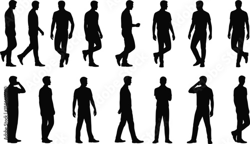 Elderly people Male walking and standing silhouettes showing casual poses, movement, body posture and everyday activities for lifestyle design, illustration,