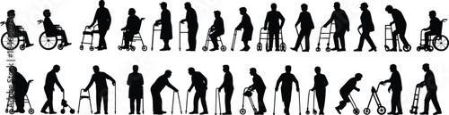 Elderly people silhouettes using wheelchairs, walkers, canes and mobility aids, representing senior disability support, rehabilitation therapy, healthcare assistance and aging lifestyle vector