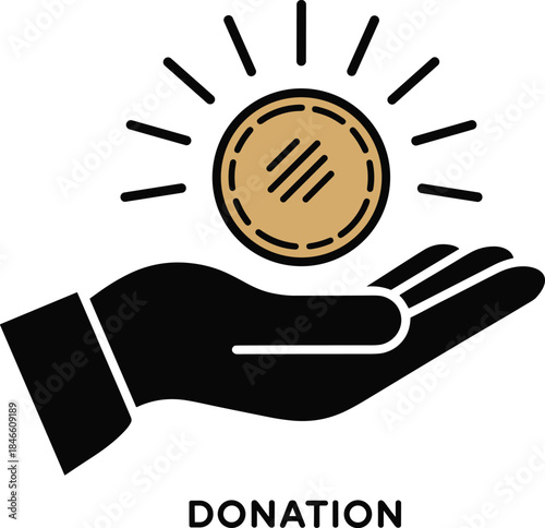 Donation Symbol Vector with Hand and Gold Coin. Charity Contribution Illustration with Radiant Currency Icon.
