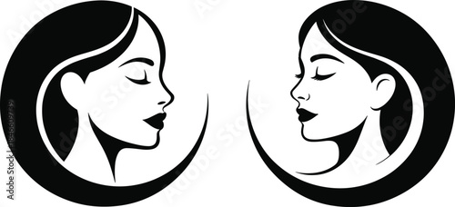 Crescent Moon Woman Face Silhouette Vector. Symmetrical Female Profile in Moon Shape Illustration.