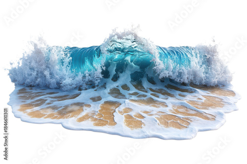 Powerful turquoise ocean wave crashing onto golden sand beach with white sea foam isolated on transparent background