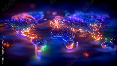 Glowing Neon World Map Visualization Showing Global Digital Connectivity Data Networks and Technology Flow Across Earth Dark Space
