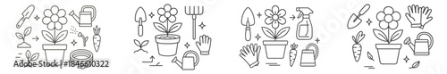 Gardening tools and plants shown in simple line art design for garden enthusiasts and hobbyists exploring their passion for gardening