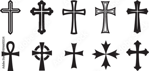 Various cross symbols and religious icons in black
