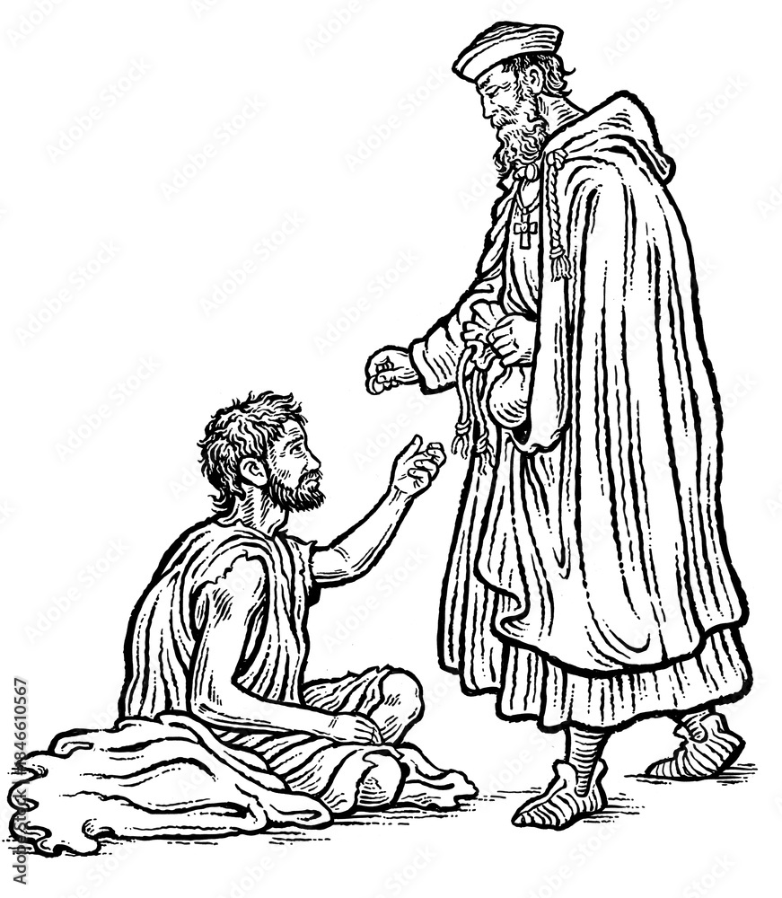 Fototapeta premium Medieval Almoner with Poor Man line illustration