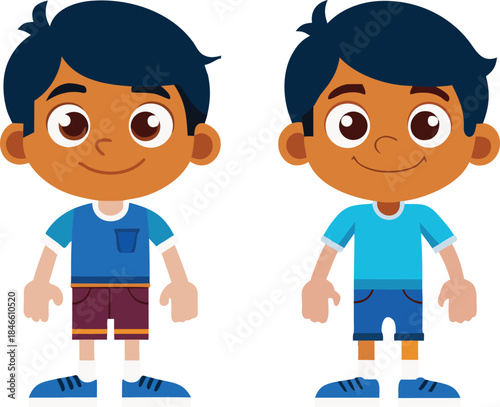Two Smiling Boys Wearing Blue Shirts and Shorts Standing Side by Side two boys cartoon