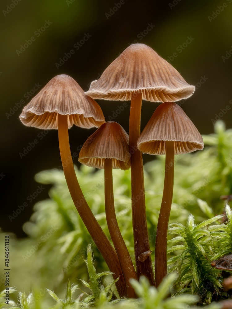 Fototapeta premium Small Brown Mushrooms Growing on Green Moss in Forest