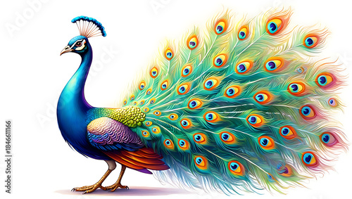 Colorful peacock standing with spread tail feathers