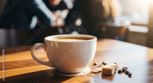 A cup of steaming beverage sits on a wooden table near windows