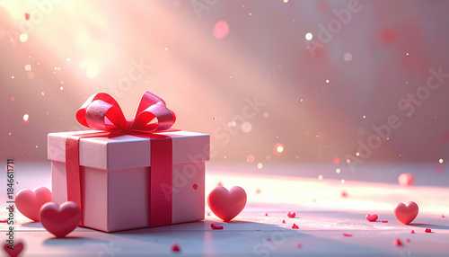 Beautifully wrapped gift box with red ribbon sits among pink hearts, creating romantic and festive atmosphere
