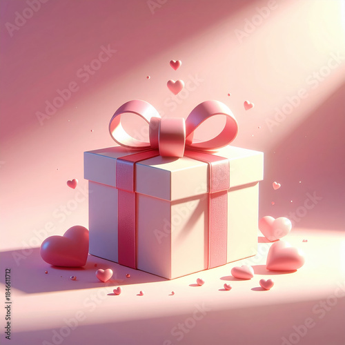 Beautifully wrapped gift box with pink ribbon surrounded by floating hearts on soft pink background, evoking sense of love and celebration
